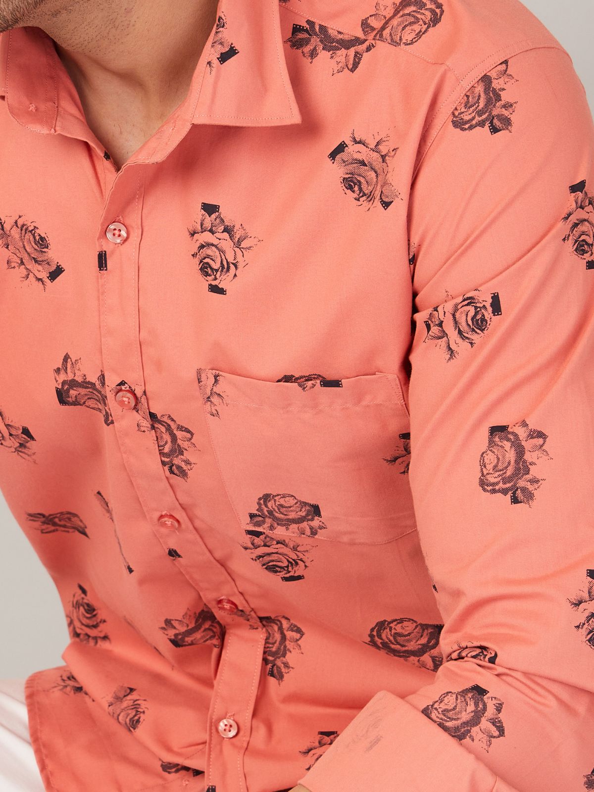 Louis Monarch Men Regular Fit Rose Print Pink Spread Collar Casual Shirt